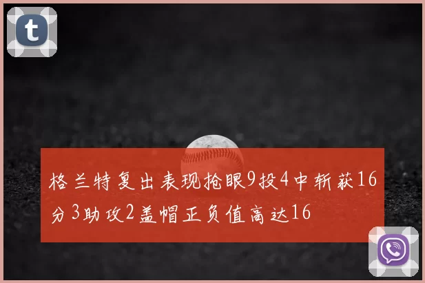 格兰特复出表现抢眼9投4中斩获16分3助攻2盖帽正负值高达16